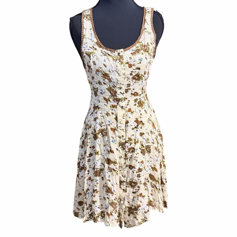Button front sleeveless cream brown cottagecore dress prairie small